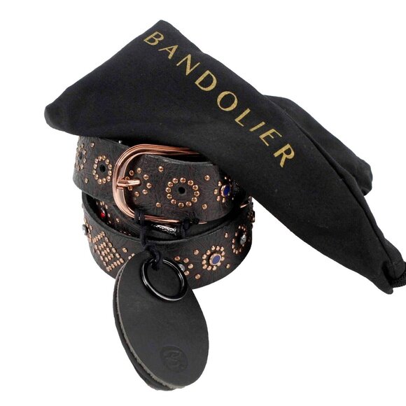 Bandolier $210 Sz M 32 - 38 Black Leather Rose Goldtone Rhinestone Belt
